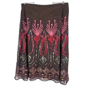 J Marco Sequin Floral Skirt 14 Brown Tulle Midi Boho Western Hippie Indie Artsy